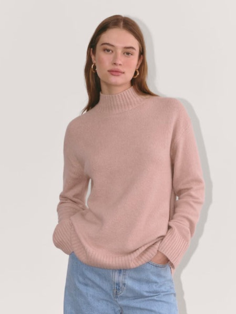 EVERLANE MOCK NECK SWEATER IN PLUSH COTTON FAWN M